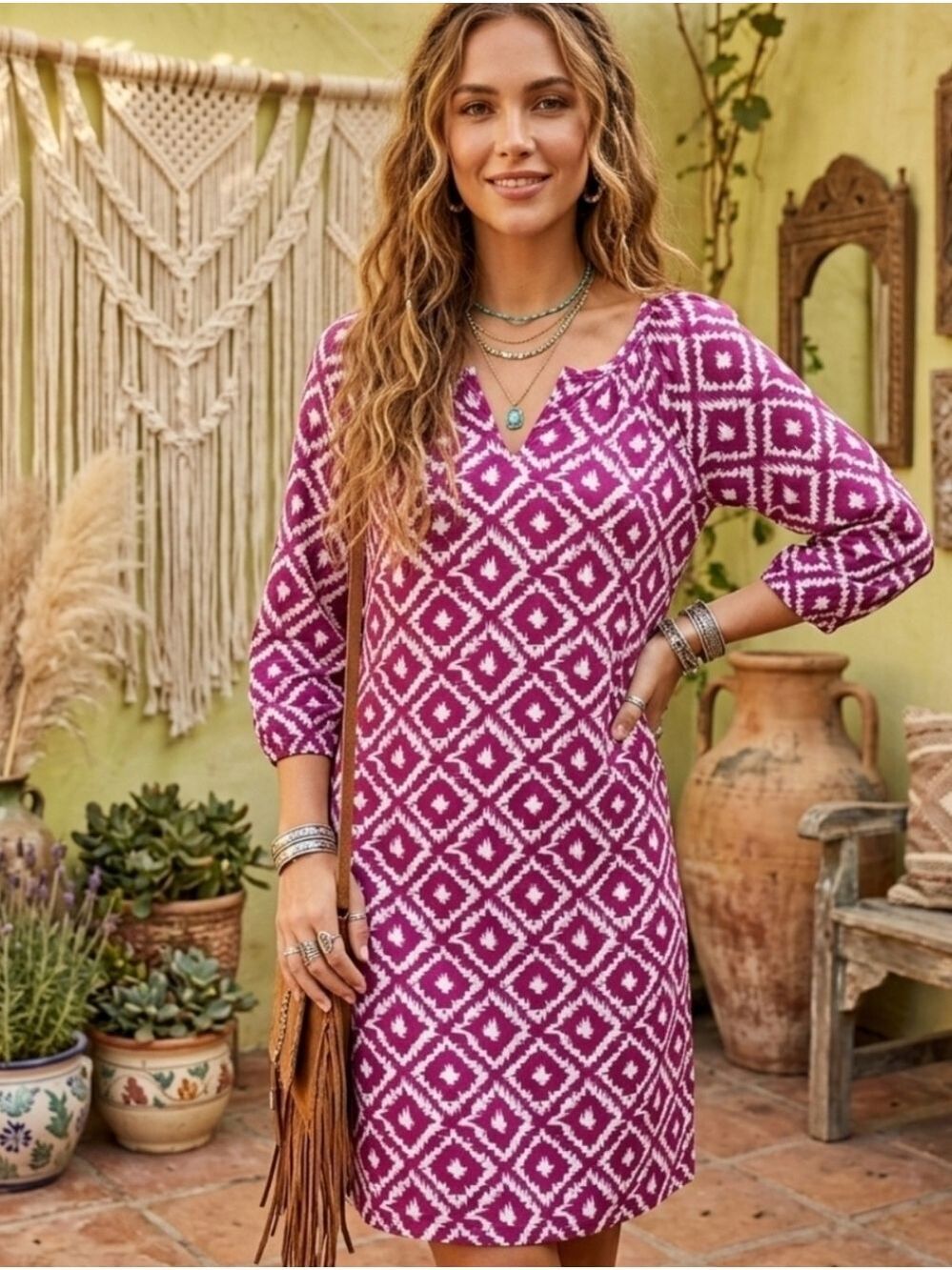 Jon & Anna Magenta & White Printed Dress with Gold Accent Boho Summer SUN DRESS